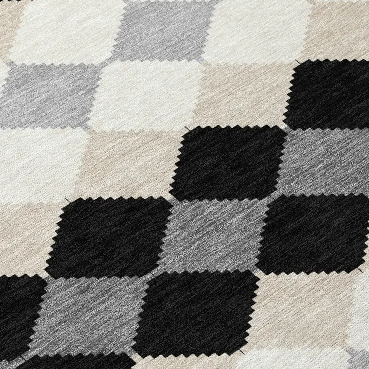 8' Black Ivory And Beige Round Geometric Washable Indoor Outdoor Area Rug