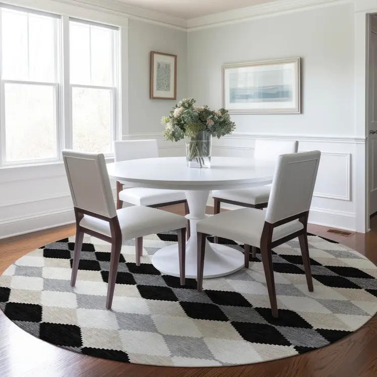 8' Black Ivory And Beige Round Geometric Washable Indoor Outdoor Area Rug