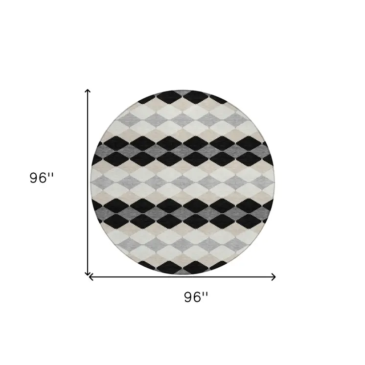 8' Black Ivory And Beige Round Geometric Washable Indoor Outdoor Area Rug