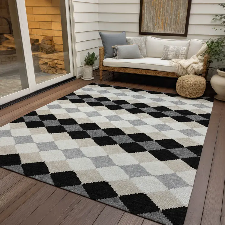 8' X 10' Black Ivory And Beige Geometric Washable Indoor Outdoor Area Rug