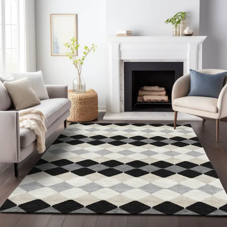 8' X 10' Black Ivory And Beige Geometric Washable Indoor Outdoor Area Rug
