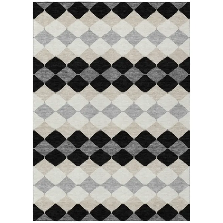 9' X 12' Black Ivory And Beige Geometric Washable Indoor Outdoor Area Rug