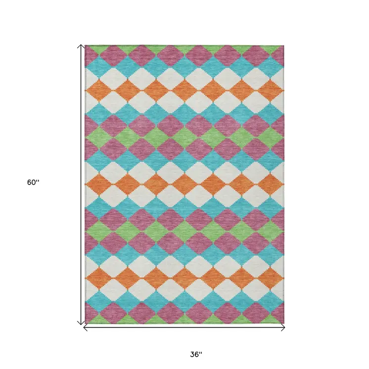 3' X 5' Blush Blue And Copper Geometric Washable Indoor Outdoor Area Rug