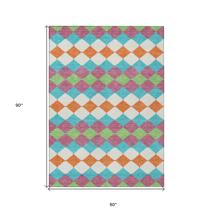 5' X 8' Blush Blue And Copper Geometric Washable Indoor Outdoor Area Rug