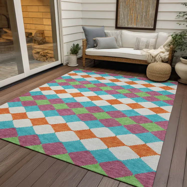 5' X 8' Blush Blue And Copper Geometric Washable Indoor Outdoor Area Rug