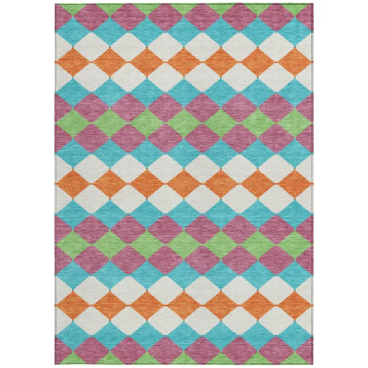 5' X 8' Blush Blue And Copper Geometric Washable Indoor Outdoor Area Rug