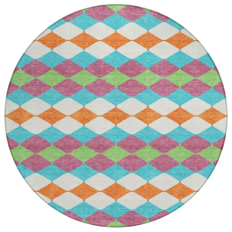 8' Blush Blue And Copper Round Geometric Washable Indoor Outdoor Area Rug