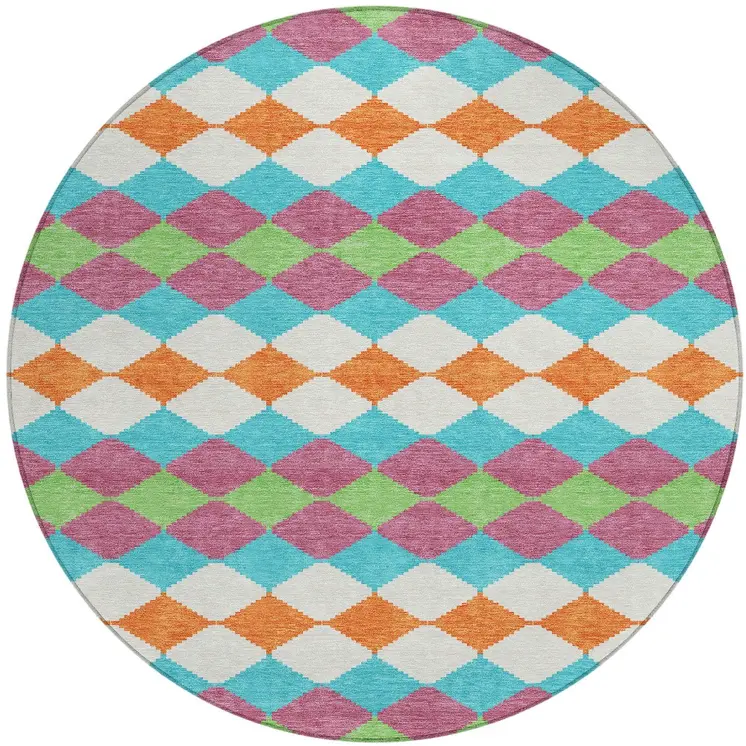 8' Blush Blue And Copper Round Geometric Washable Indoor Outdoor Area Rug