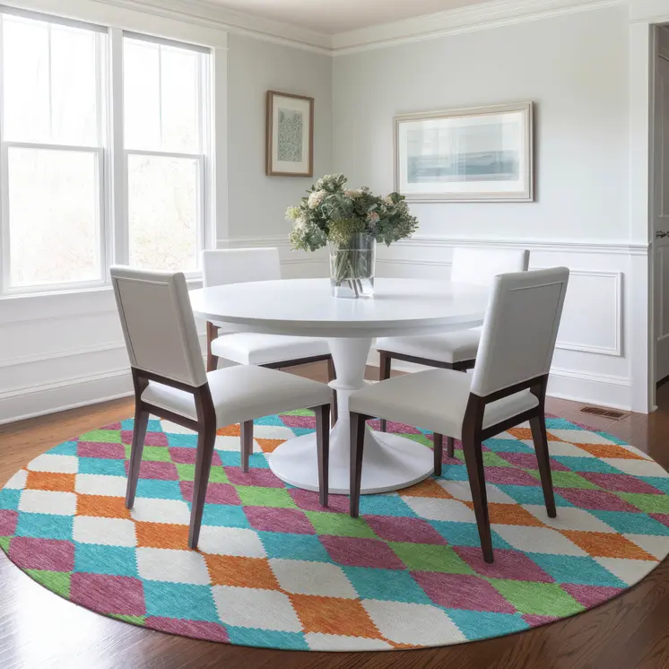 8' Blush Blue And Copper Round Geometric Washable Indoor Outdoor Area Rug