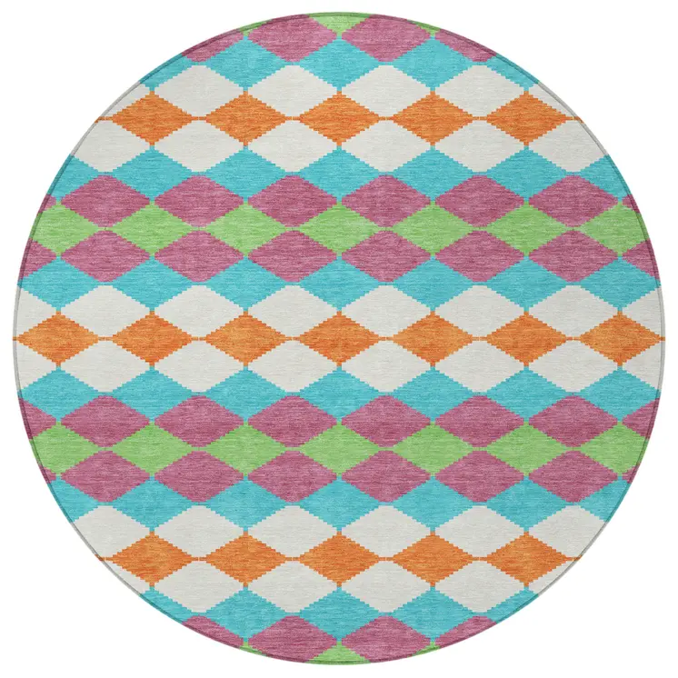 8' Blush Blue And Copper Round Geometric Washable Indoor Outdoor Area Rug