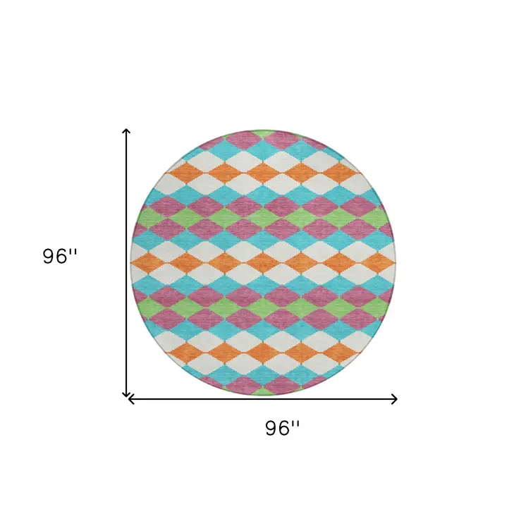 8' Blush Blue And Copper Round Geometric Washable Indoor Outdoor Area Rug