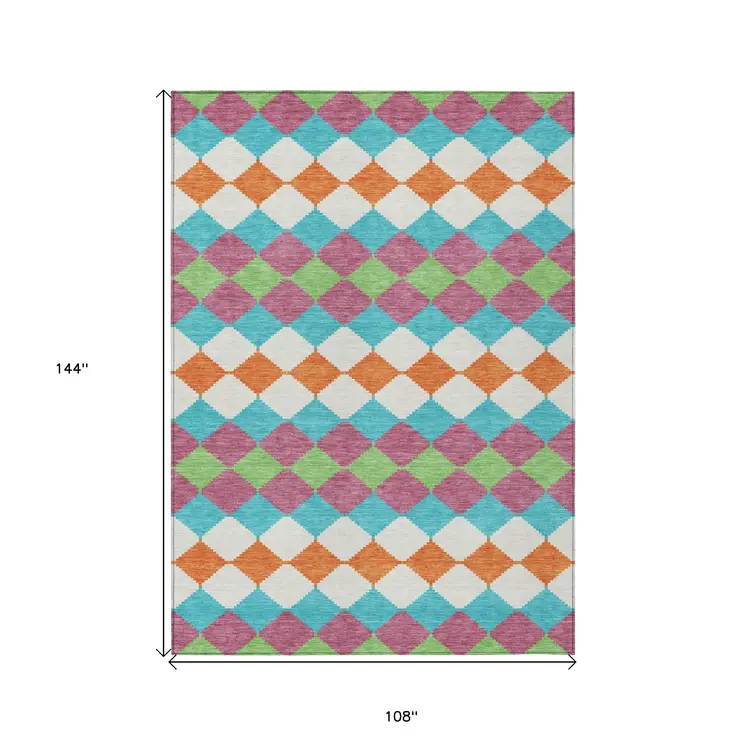 9' X 12' Blush Blue And Copper Geometric Washable Indoor Outdoor Area Rug