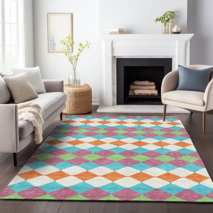 9' X 12' Blush Blue And Copper Geometric Washable Indoor Outdoor Area Rug