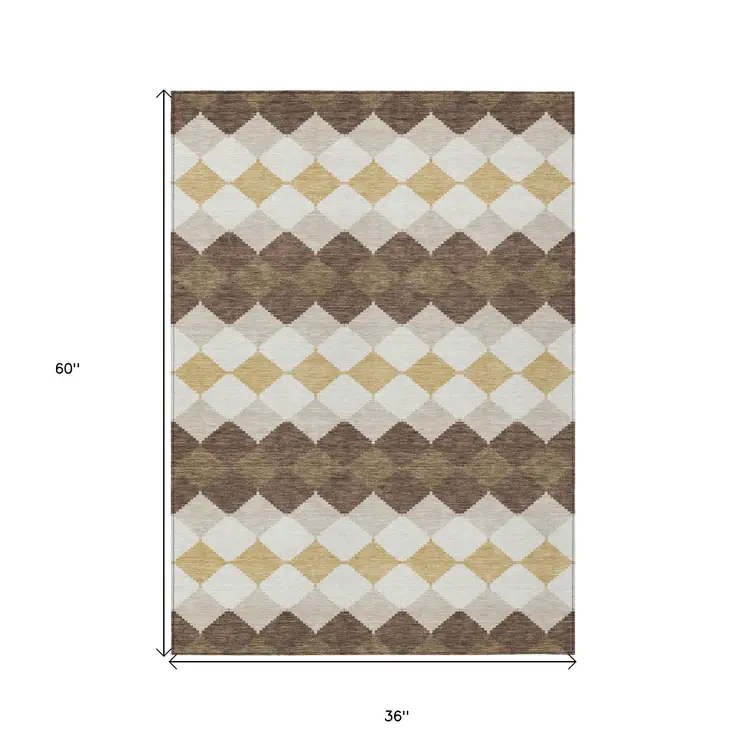 3' X 5' Brown Beige And Ivory Geometric Washable Indoor Outdoor Area Rug