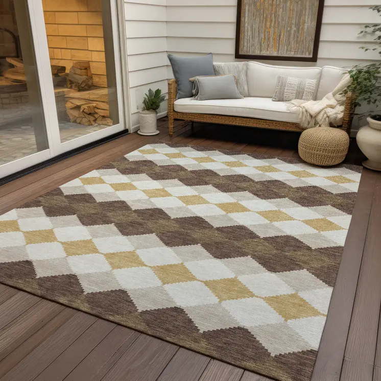 5' X 8' Brown Beige And Ivory Geometric Washable Indoor Outdoor Area Rug