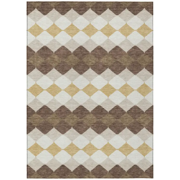 5' X 8' Brown Beige And Ivory Geometric Washable Indoor Outdoor Area Rug
