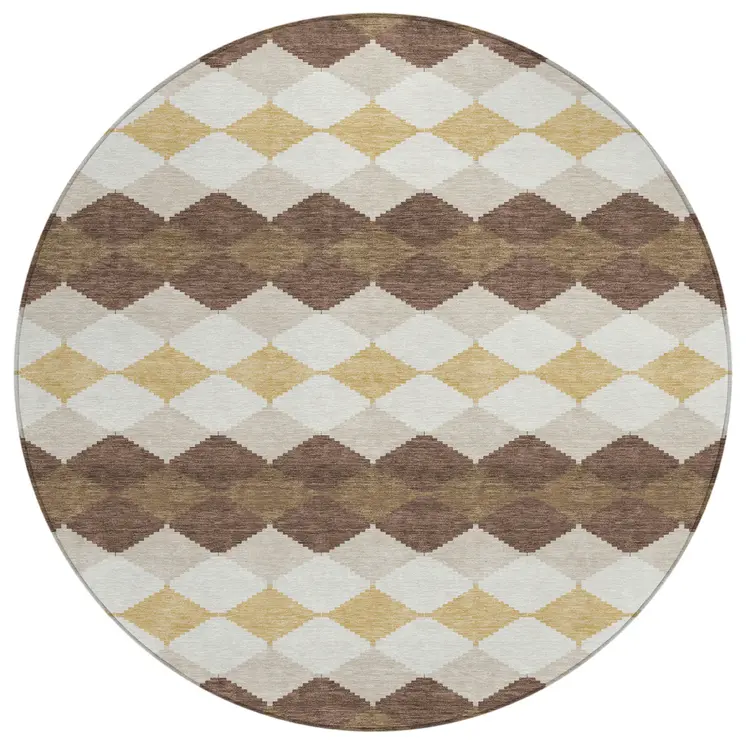 8' Brown Beige And Ivory Round Geometric Washable Indoor Outdoor Area Rug