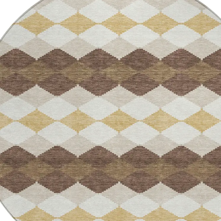 8' Brown Beige And Ivory Round Geometric Washable Indoor Outdoor Area Rug