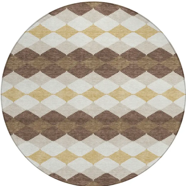 8' Brown Beige And Ivory Round Geometric Washable Indoor Outdoor Area Rug