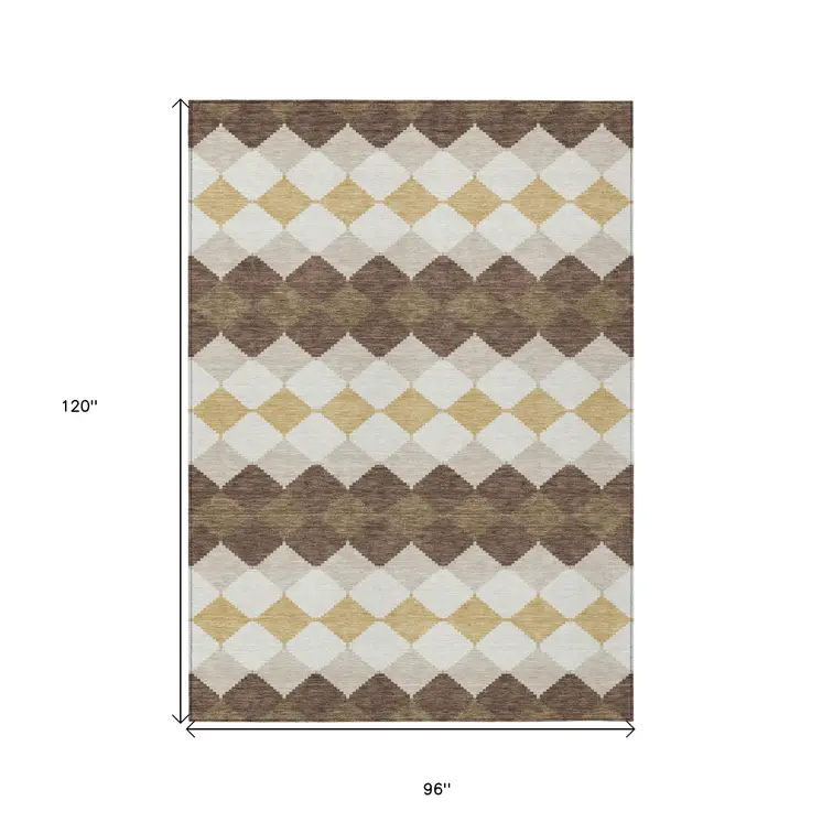 8' X 10' Brown Beige And Ivory Geometric Washable Indoor Outdoor Area Rug