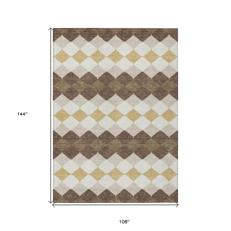9' X 12' Brown Beige And Ivory Geometric Washable Indoor Outdoor Area Rug