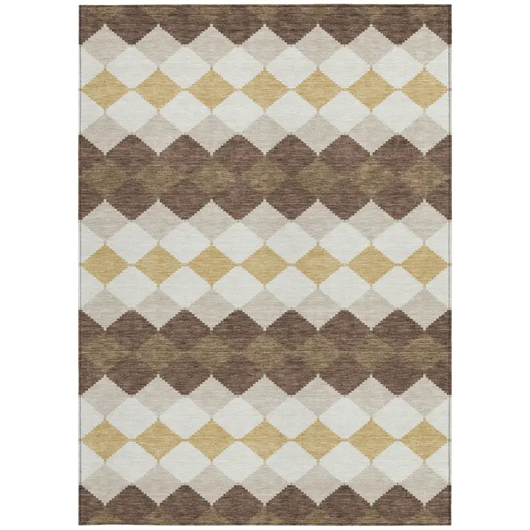 10' X 14' Brown Beige And Ivory Geometric Washable Indoor Outdoor Area Rug