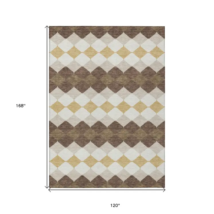 10' X 14' Brown Beige And Ivory Geometric Washable Indoor Outdoor Area Rug