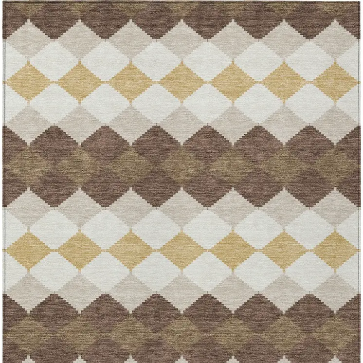 10' X 14' Brown Beige And Ivory Geometric Washable Indoor Outdoor Area Rug