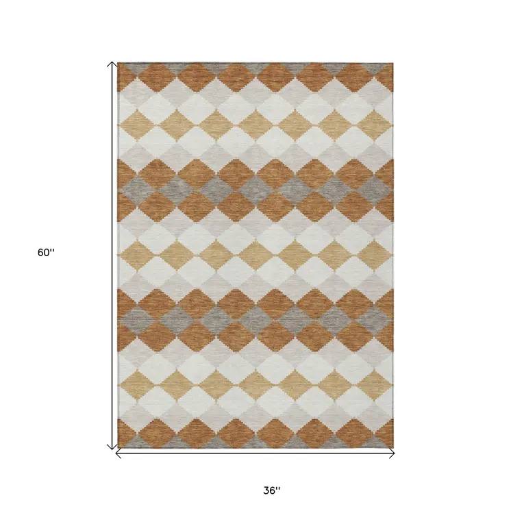 3' X 5' Copper Beige And Ivory Geometric Washable Indoor Outdoor Area Rug