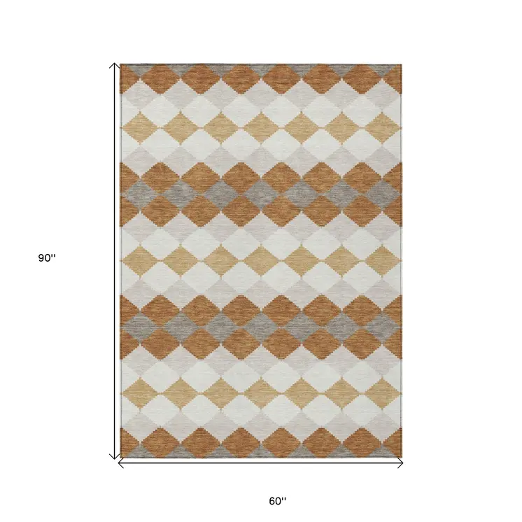 5' X 8' Copper Beige And Ivory Geometric Washable Indoor Outdoor Area Rug