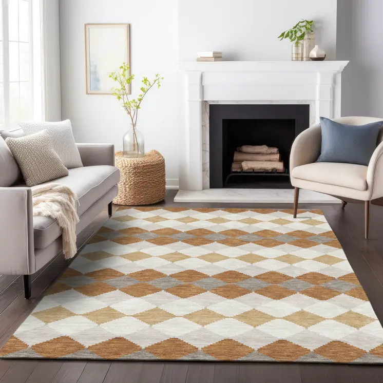 5' X 8' Copper Beige And Ivory Geometric Washable Indoor Outdoor Area Rug