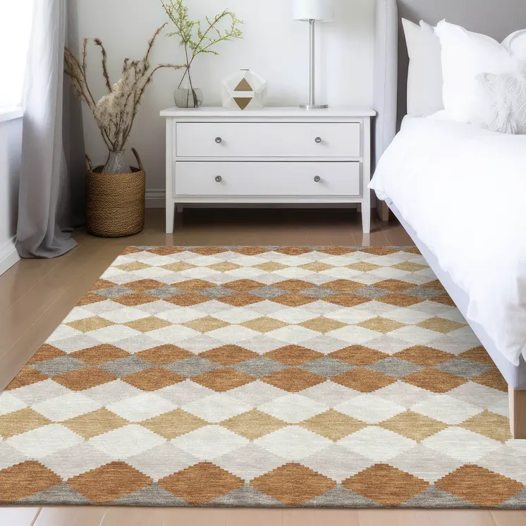 5' X 8' Copper Beige And Ivory Geometric Washable Indoor Outdoor Area Rug