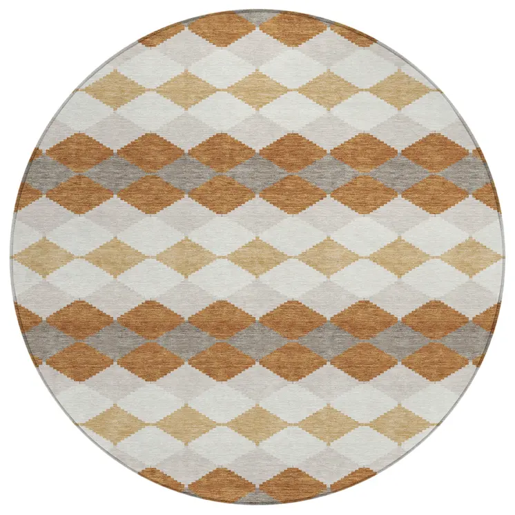 8' Copper Beige And Ivory Round Geometric Washable Indoor Outdoor Area Rug