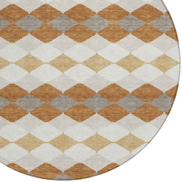8' Copper Beige And Ivory Round Geometric Washable Indoor Outdoor Area Rug