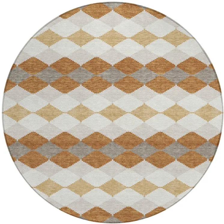 8' Copper Beige And Ivory Round Geometric Washable Indoor Outdoor Area Rug