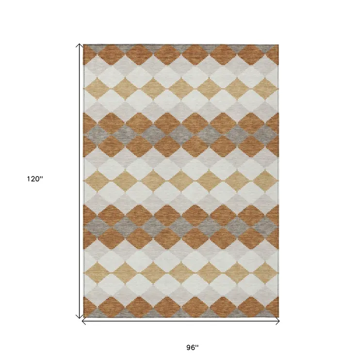 8' X 10' Copper Beige And Ivory Geometric Washable Indoor Outdoor Area Rug