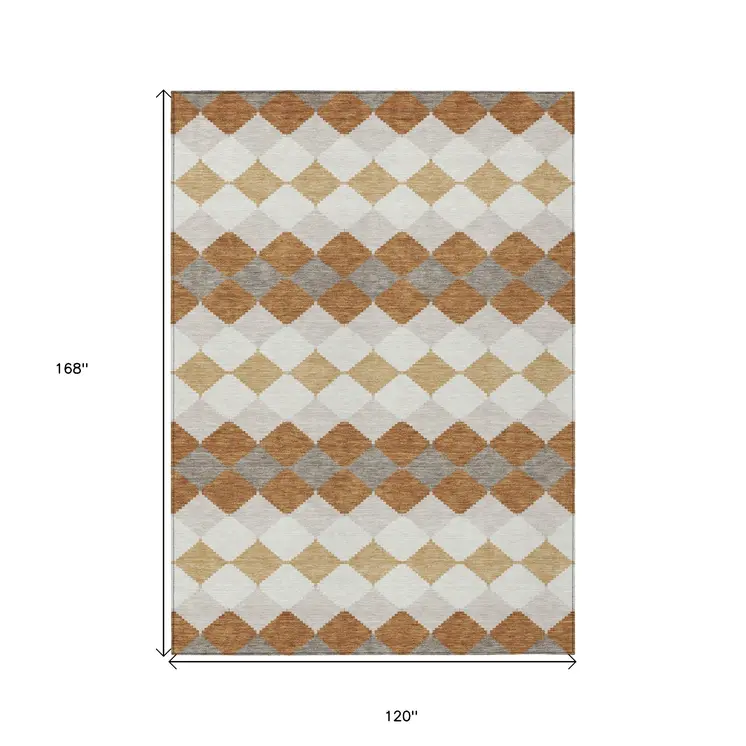 10' X 14' Copper Beige And Ivory Geometric Washable Indoor Outdoor Area Rug