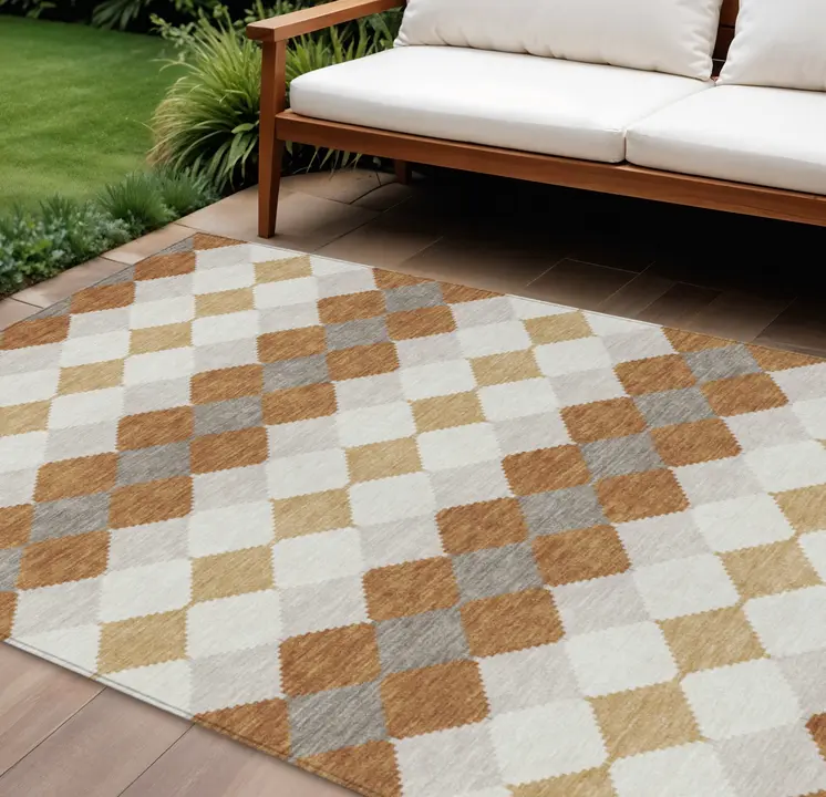 10' X 14' Copper Beige And Ivory Geometric Washable Indoor Outdoor Area Rug