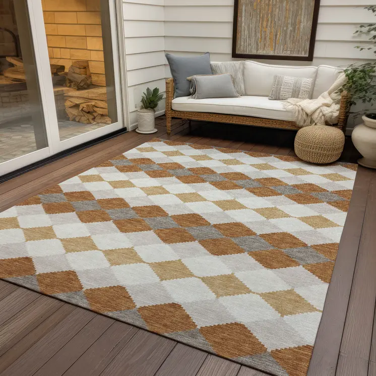 10' X 14' Copper Beige And Ivory Geometric Washable Indoor Outdoor Area Rug