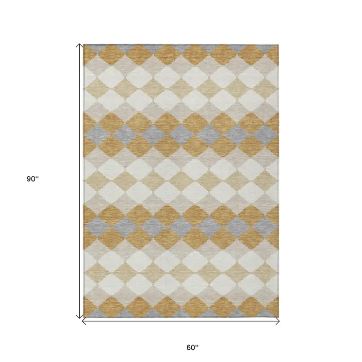 5' X 8' Gold Copper And Ivory Geometric Washable Indoor Outdoor Area Rug