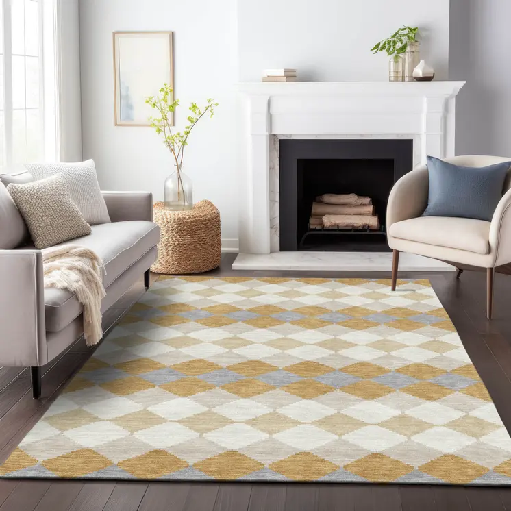 5' X 8' Gold Copper And Ivory Geometric Washable Indoor Outdoor Area Rug