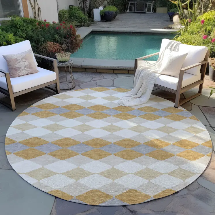 8' Gold Copper And Ivory Round Geometric Washable Indoor Outdoor Area Rug