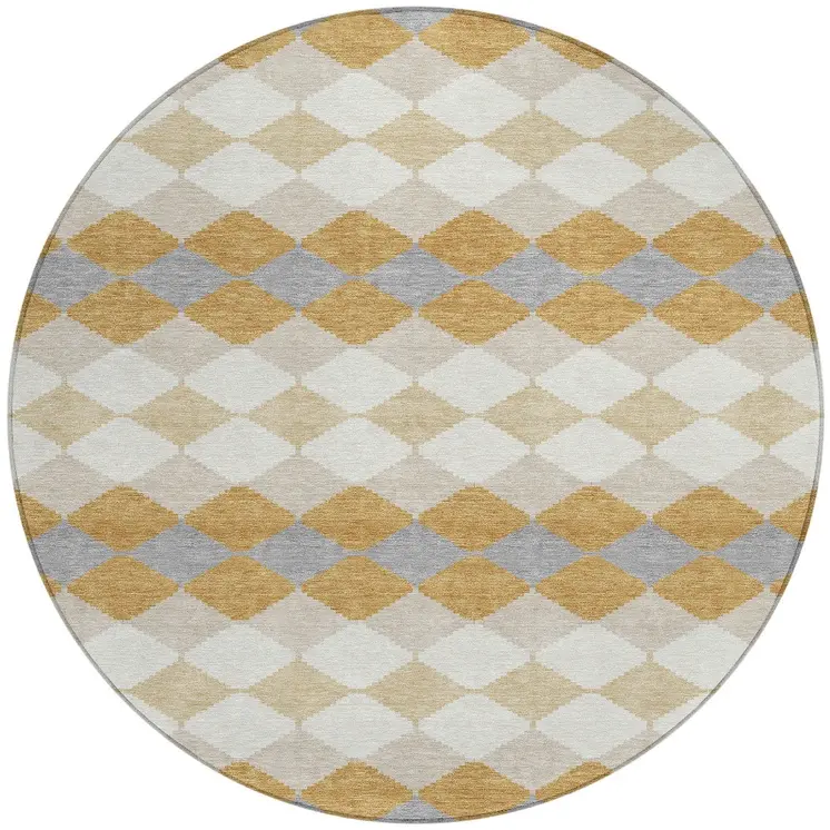 8' Gold Copper And Ivory Round Geometric Washable Indoor Outdoor Area Rug