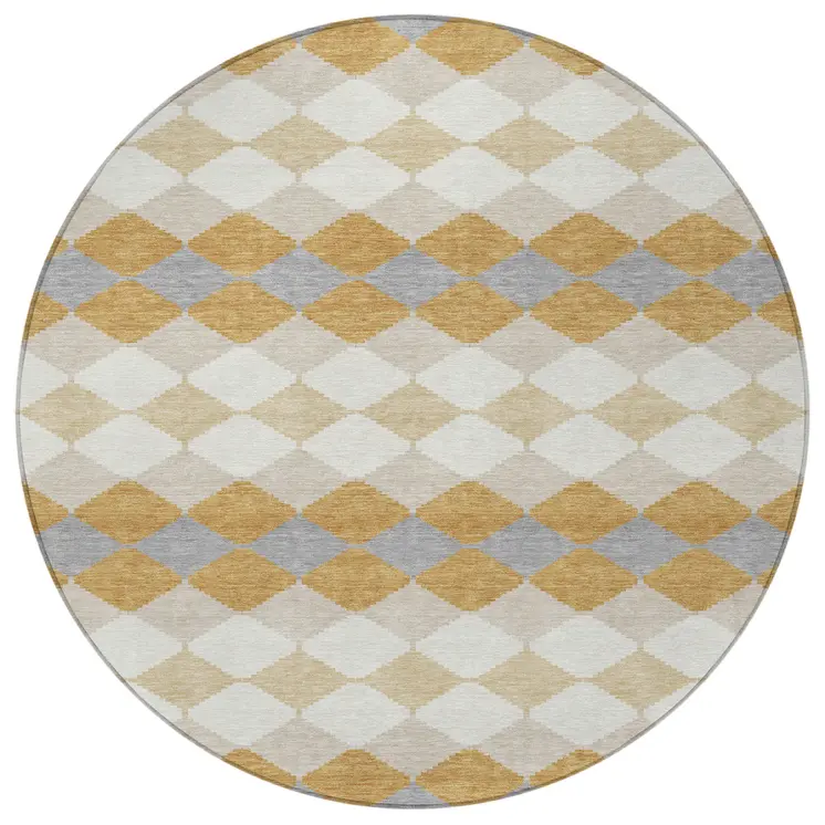 8' Gold Copper And Ivory Round Geometric Washable Indoor Outdoor Area Rug