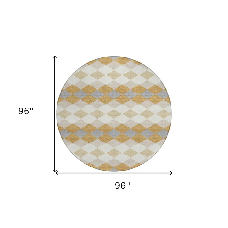 8' Gold Copper And Ivory Round Geometric Washable Indoor Outdoor Area Rug