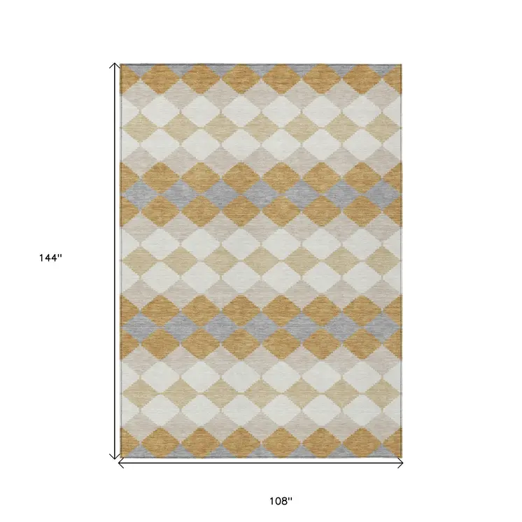 9' X 12' Gold Copper And Ivory Geometric Washable Indoor Outdoor Area Rug