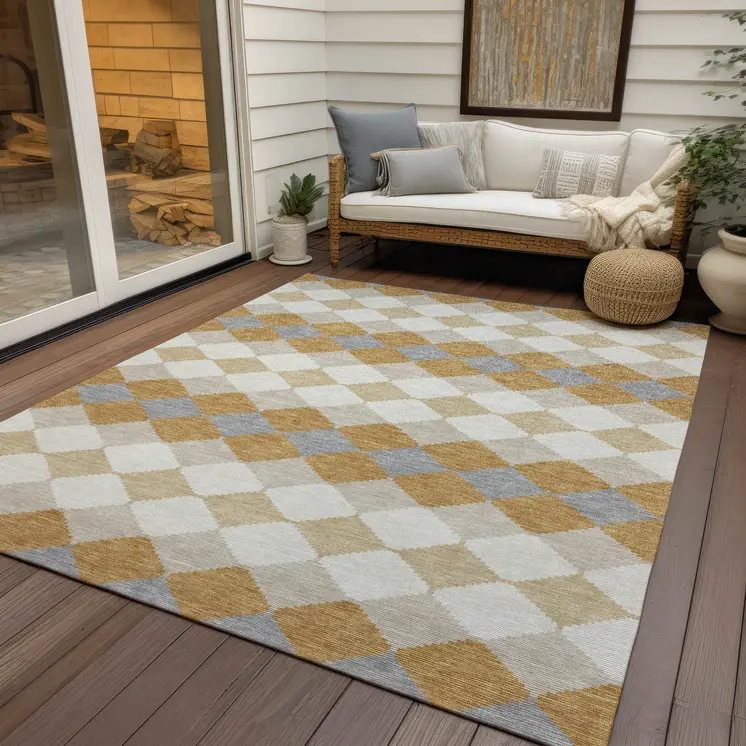 9' X 12' Gold Copper And Ivory Geometric Washable Indoor Outdoor Area Rug