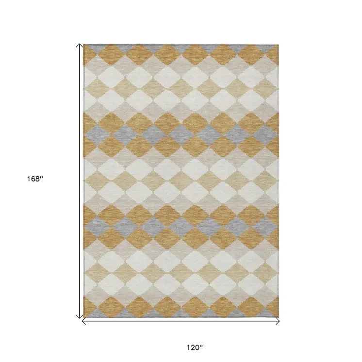 10' X 14' Gold Copper And Ivory Geometric Washable Indoor Outdoor Area Rug