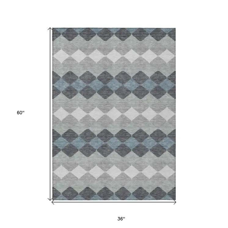 3' X 5' Gray Black And Green Geometric Washable Indoor Outdoor Area Rug