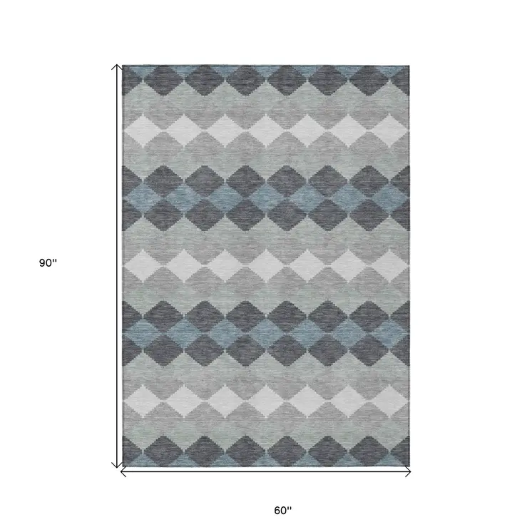 5' X 8' Gray Black And Green Geometric Washable Indoor Outdoor Area Rug